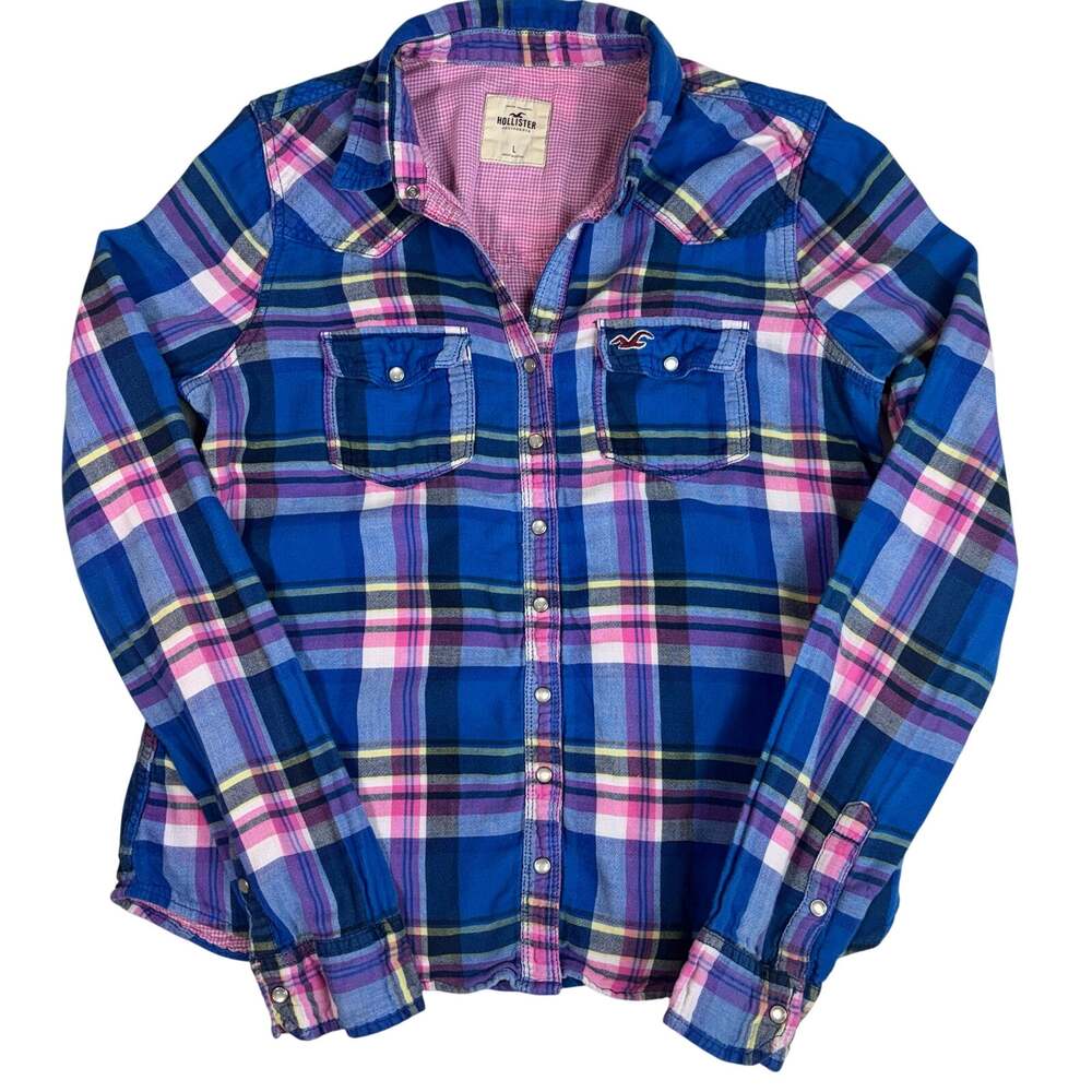 HOLLISTER Women's Button Up Long Sleeve Flannel Large Y2K Grunge Preppy Casual